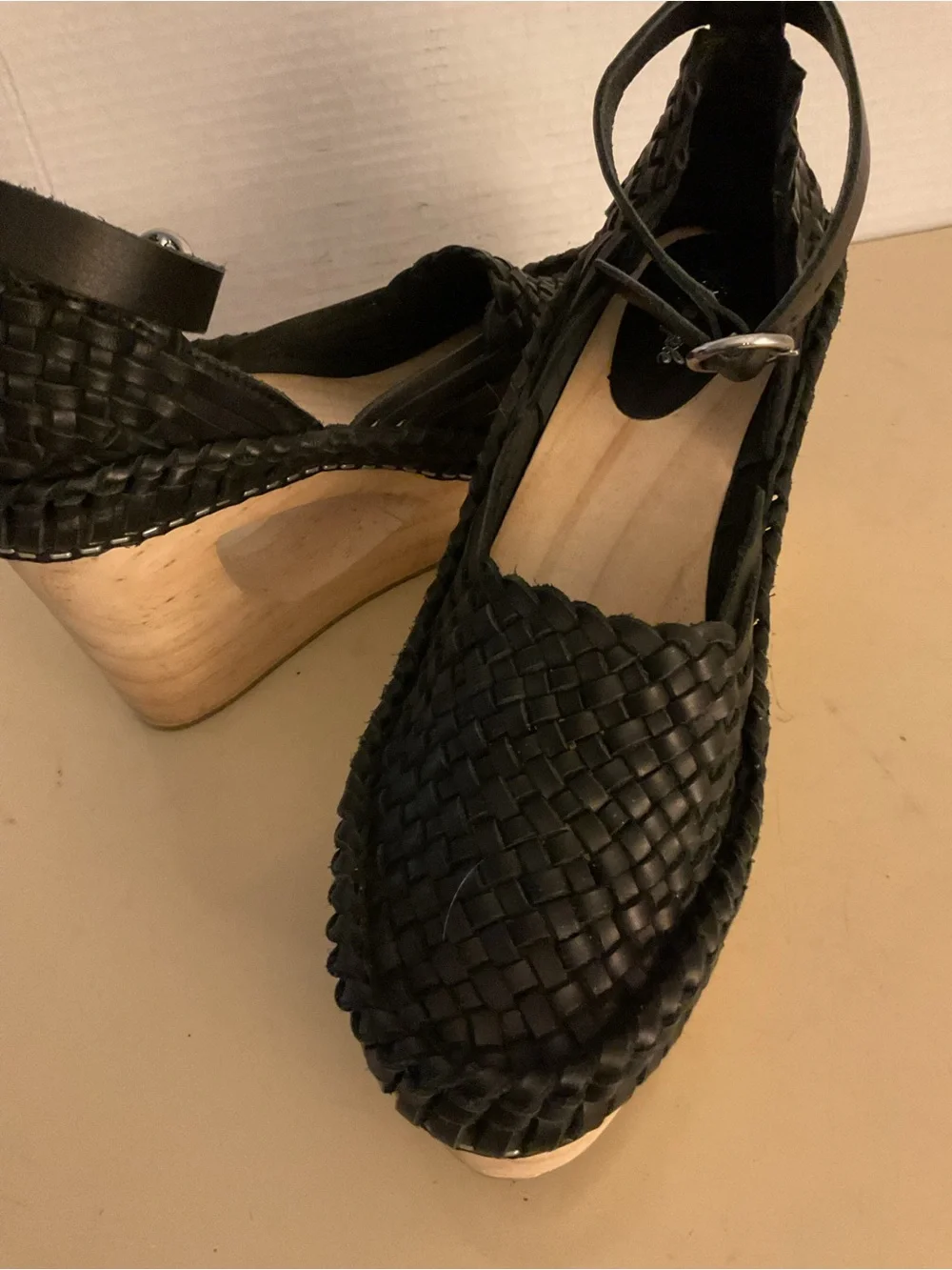 Free People women Black leather Woven Ankle-Strap Platform Wedges sandals US 8